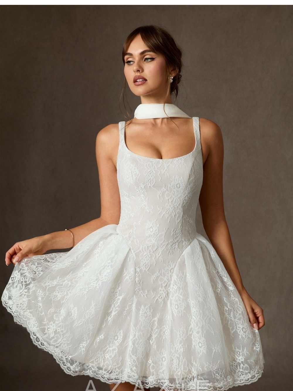Azazie White Lace Scoop-Neck Mini Dress with Chiffon Scarf